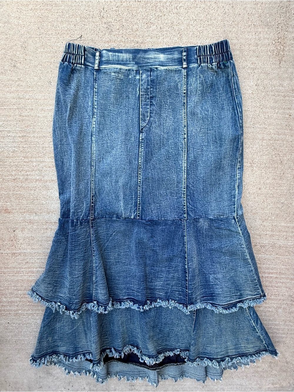 Denim Maxi Skirt with Tiered Ruffle Hem - Blue